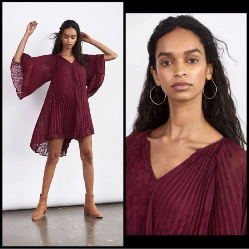 Anthropologie Wine Pleated High-Low Bell-Sleeve Dress Medium